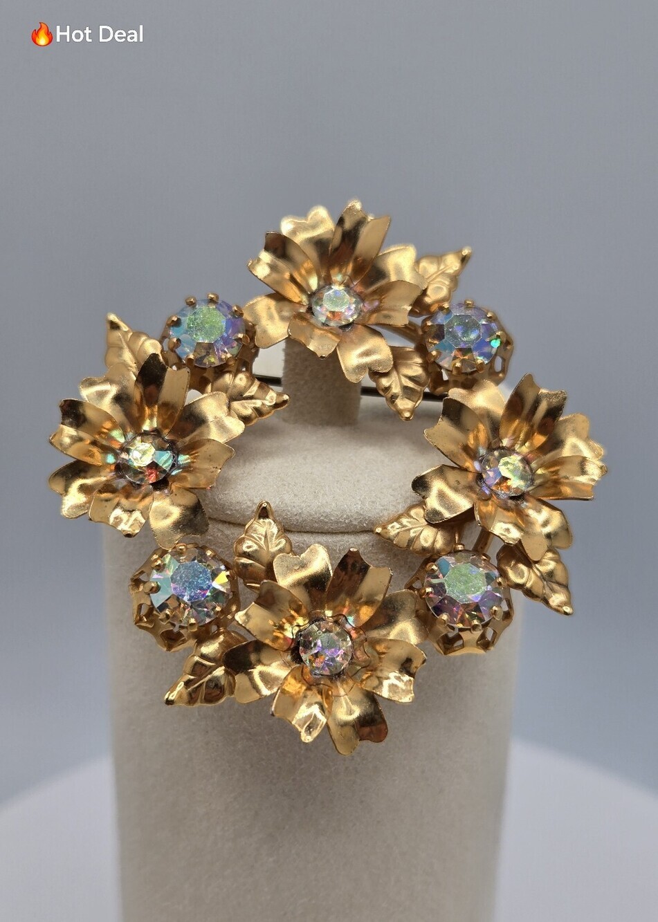 Vintage Aurora Borealis AB Floral Wreath Brooch Gold Tone Mid Century Pin